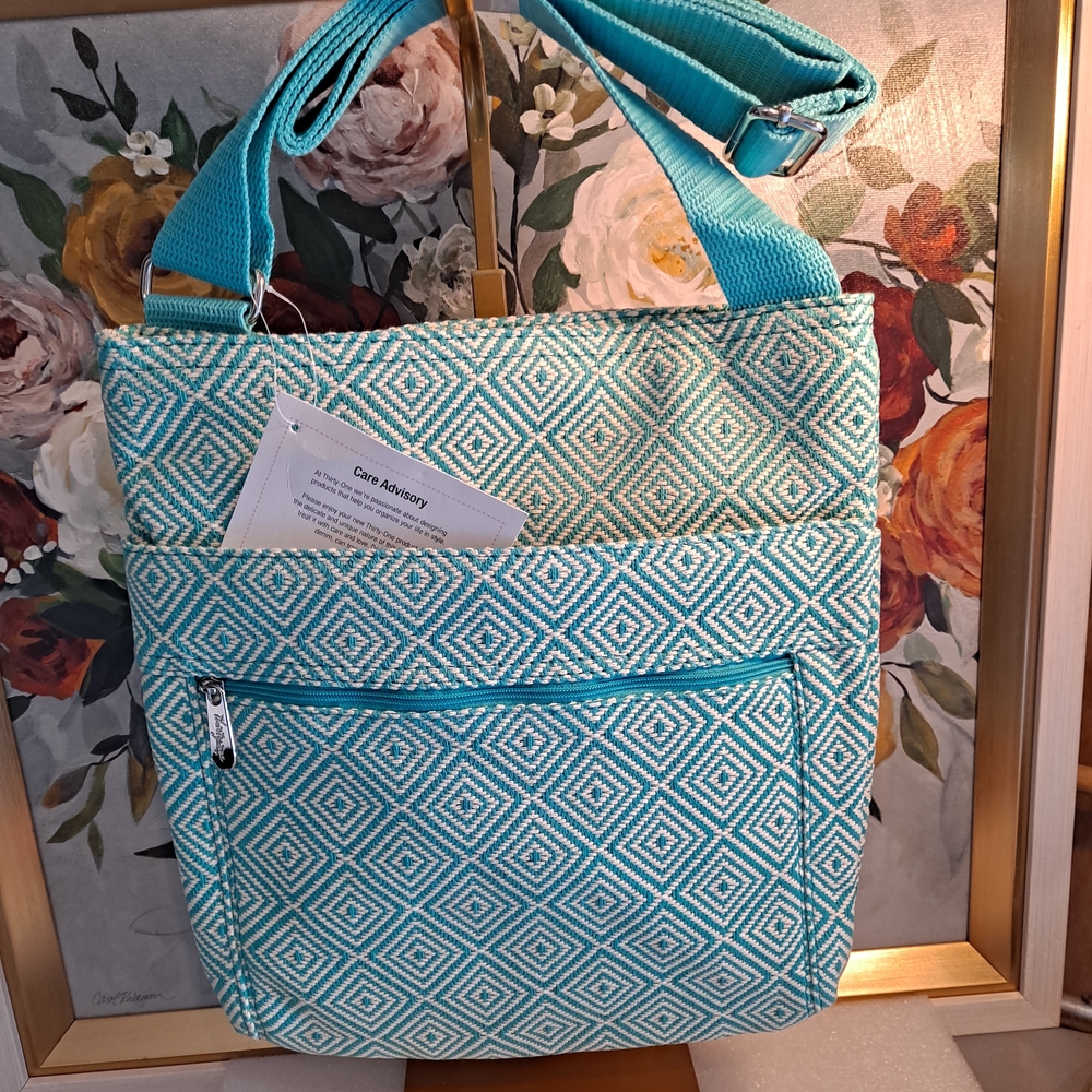 thirty-one Teal and White Diamond-Print Textile Graphic Organizer Shoulder Bag